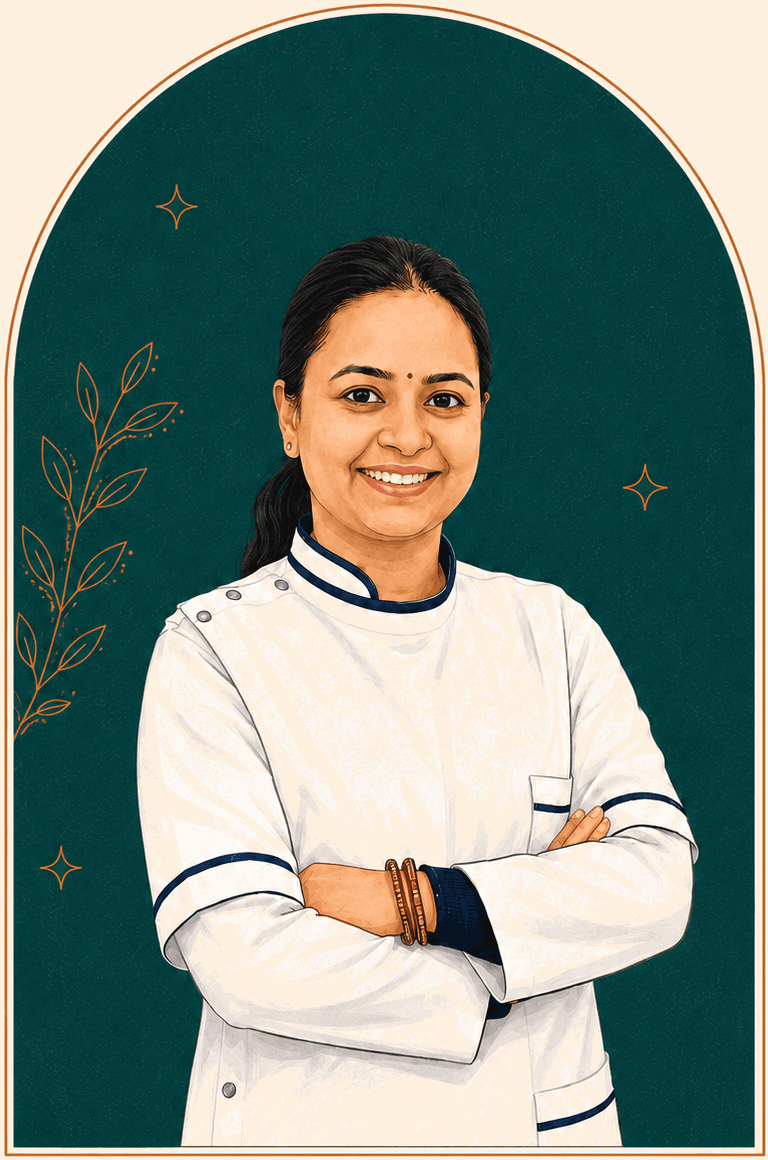 Illustrated portrait of Dr. Ekta Tyagi, dental surgeon, smiling in a white clinical coat